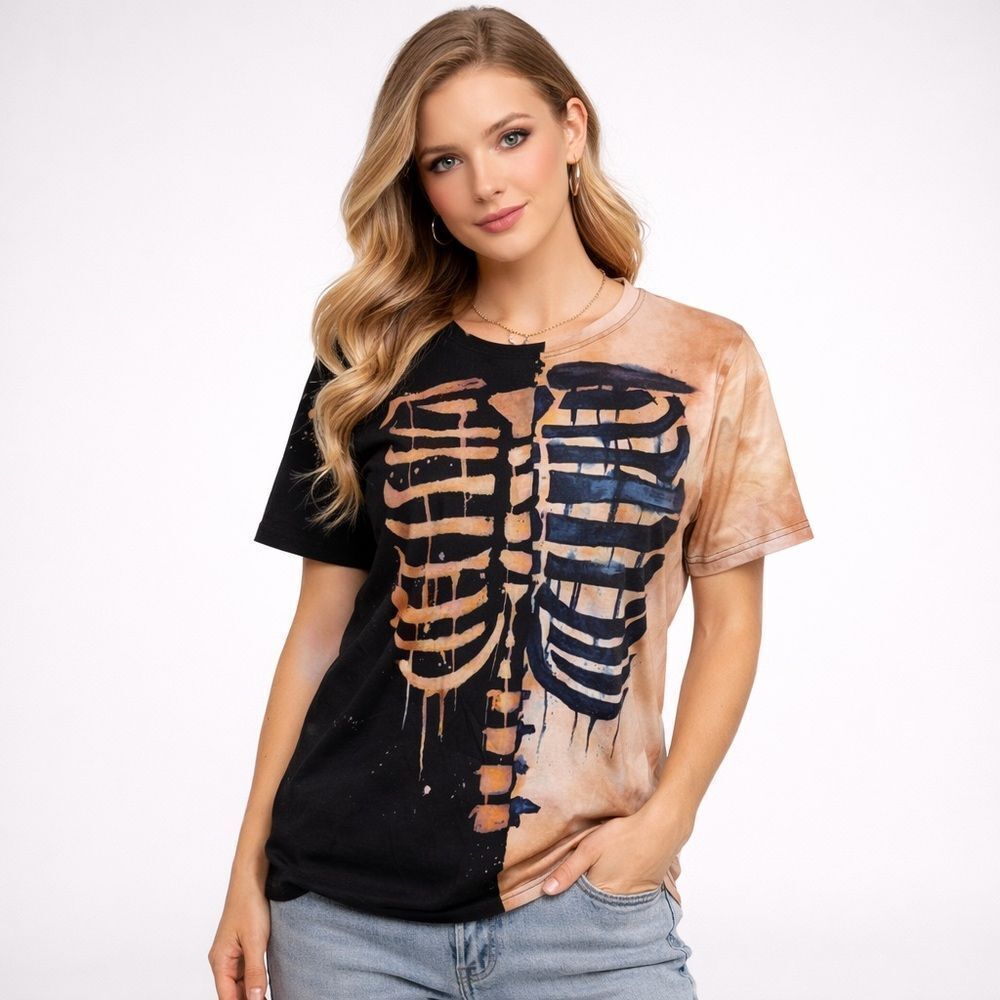 SHEIN Black & Orange Short Sleeve Skeleton Graphic Tie Dye Tee Shirt Halloween L